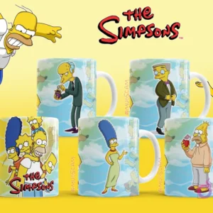 Mockups de tazas con diseños del Sr. Burns, Waylon Smithers, Marge Simpson y el Abuelo Abraham Simpson.
