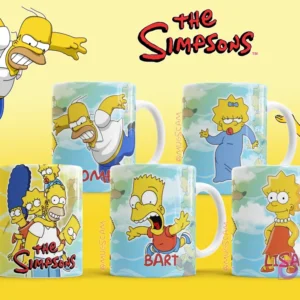 Tazas con diseños de la familia Simpson: Homer, Marge, Bart, Lisa y Maggie, ilustrando el Pack N°7.