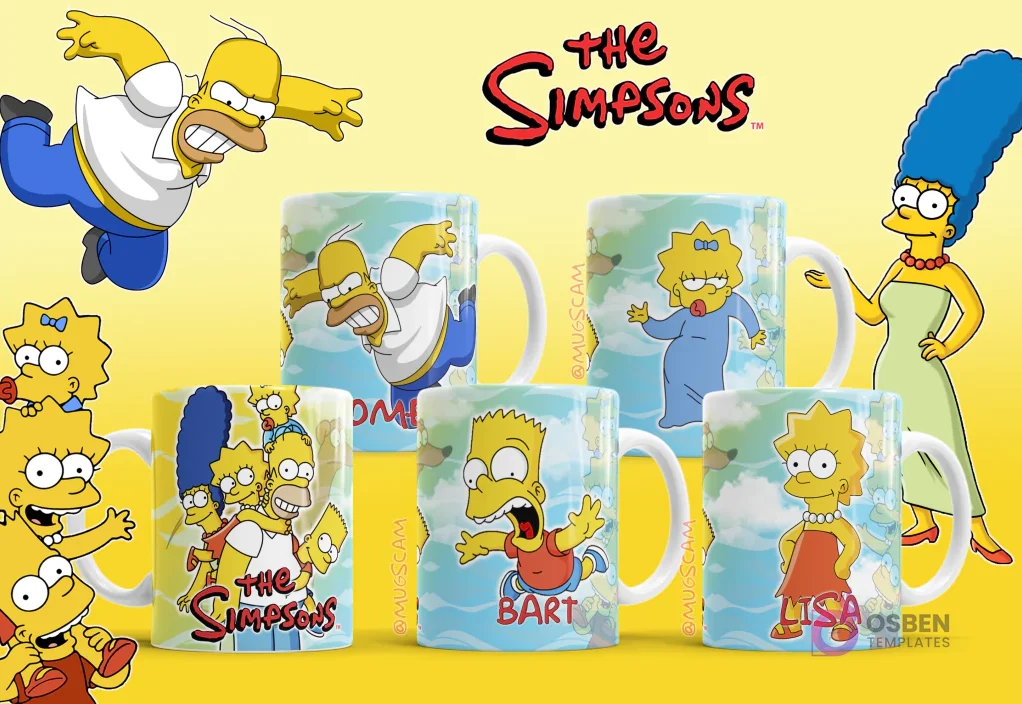 Tazas con diseños de la familia Simpson: Homer, Marge, Bart, Lisa y Maggie, ilustrando el Pack N°7. Tazas con diseños de la familia Simpson: Homer, Marge, Bart, Lisa y Maggie, ilustrando el Pack N°7.