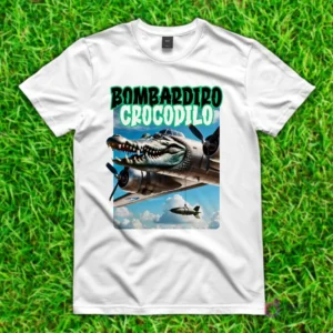 Camiseta blanca con diseño de 'Bombardiro Crocodilo', un cocodrilo con cuerpo de avión bombardero lanzando una bomba, volando en un cielo nublado.