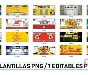 Vista de cuadrícula con 20 plantillas de sublimación en formato rectangular, mostrando logos vintage de marcas como Ford, Chevrolet, Caterpillar, Mobil, John Deere, Pennzoil y Texaco, con texto indicando '20 Plantillas PNG / 7 Editables PSD'.