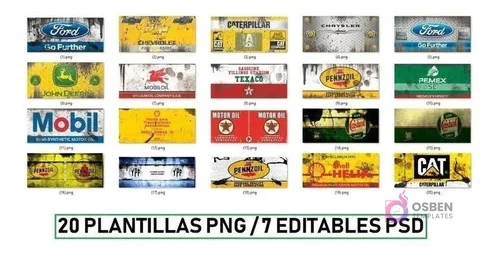 Vista de cuadrícula con 20 plantillas de sublimación en formato rectangular, mostrando logos vintage de marcas como Ford, Chevrolet, Caterpillar, Mobil, John Deere, Pennzoil y Texaco, con texto indicando '20 Plantillas PNG / 7 Editables PSD'. Vista de cuadrícula con 20 plantillas de sublimación en formato rectangular, mostrando logos vintage de marcas como Ford, Chevrolet, Caterpillar, Mobil, John Deere, Pennzoil y Texaco, con texto indicando '20 Plantillas PNG / 7 Editables PSD'.