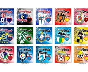 Grid de 20 diseños individuales para sublimación de cojines del Día del Padre, con escudos de clubes de fútbol chilenos y mensajes temáticos, incluye un mockup en miniatura.