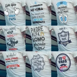 Colección de 9 diseños de vectores de sublimación para el Día del Padre, incluyendo frases como 'MI SUPERPAPÁ', 'PADRE ALFA LOMO plateado' y 'TE AMO PAPÁ'.