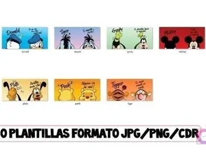 Conjunto de 10 diseños de sublimación para tazas, mostrando a Daisy, Donald, Piglet, Pooh, Tigger, Minnie, Mickey, Goofy y Pluto