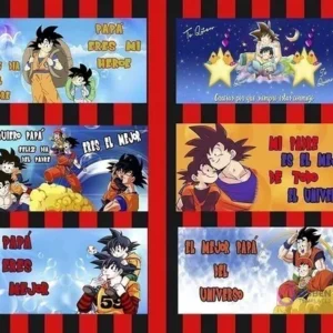 Collage con seis plantillas de sublimación temáticas de Dragon Ball Z para el Día del Padre, mostrando a Goku y Gohan con frases como 'Papá Eres mi Héroe' y 'El Mejor Papá del Universo'.
