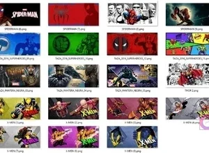Más miniaturas de plantillas para tazas de superhéroes, incluyendo Spider-Man, Capitán América, Thor, Black Panther, Wolverine y X-Men, mostrando una amplia gama de estilos.