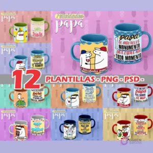 Colección de 12 plantillas Flork para sublimar tazas del Día del Padre. Muestra todos los diseños PNG y PSD disponibles para sublimación en un collage.