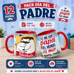 Pack Día del Padre: 12 diseños de plantillas Flork para sublimar tazas. Mugs con frases 'El mejor papá del mundo es mío' y 'Felicidades'. Incluye PSD, PNG y mockups.