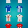 Conjunto de 8 plantillas PSD de camisetas de fútbol chileno para sublimación, incluyendo diseños que representan a Colo Colo, Everton, Universidad Católica y Deportes Iquique, con sus colores y patrocinadores originales.
