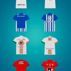 Conjunto de 8 plantillas PSD de camisetas de fútbol chileno para sublimación, incluyendo diseños que representan a Colo Colo, Everton, Universidad Católica y Deportes Iquique, con sus colores y patrocinadores originales.