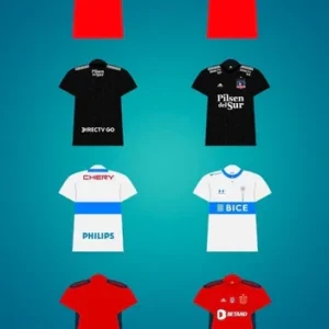 Ocho plantillas PSD de camisetas de fútbol de la liga chilena, mostrando diseños que simulan a la Selección Chilena, Colo Colo, Universidad de Chile y Universidad Católica, con vistas frontales y traseras detalladas.