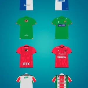 Colección de 8 plantillas PSD de camisetas de fútbol de equipos chilenos como Cobresal, Curicó Unido, Unión Española y Ñublense, listas para sublimar con detalles de patrocinadores y escudos.