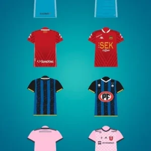 Selección de 8 plantillas PSD de camisetas de fútbol de clubes chilenos, incluyendo Deportes Antofagasta, Unión La Calera, Santiago Morning y Universidad de Chile (alternativo), ideal para sublimación de alta calidad.