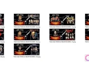 Miniaturas de 7 plantillas PNG para tazas con diseños de bandas de rock como Kiss, Rolling Stones, Megadeth, AC/DC, U2, Iron Maiden y Black Sabbath.