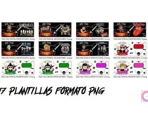 Captura de pantalla mostrando 10 de las 17 plantillas PNG para tazas con temática rockera, incluyendo bandas como Kiss y Metallica, junto a personajes rockeros caricaturizados.
