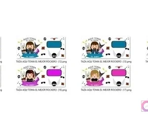 Miniaturas de 7 plantillas PNG para tazas con diseños de personajes rockeros caricaturizados, con espacios personalizables para nombres o textos.