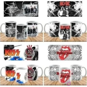 Cuatro pares de plantillas de sublimación para tazas de rock. Incluye diseños de Metallica, AC/DC con rayos y calaveras, KISS con los miembros maquillados, y The Rolling Stones con el famoso logo de la lengua roja.