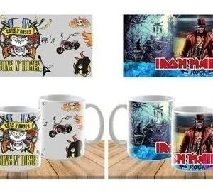 Dos pares de plantillas de sublimación para tazas. Muestra diseños de Guns N' Roses con una calavera, rosas y elementos rockeros, y Iron Maiden con su mascota Eddie en un estilo fantasioso sobre fondos de paisaje.