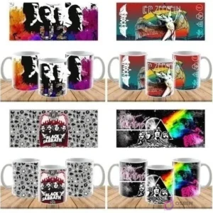 Cuatro pares de plantillas de sublimación para tazas de bandas de rock. Incluye diseños de Led Zeppelin con el dirigible, Black Sabbath con su logo icónico y patrón gótico, y Pink Floyd con el prisma de 'Dark Side of the Moon' y un diseño abstracto.