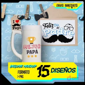 Banner promocional con un shoperos blanco sublimado con 'MEJOR PAPÁ', una tarjeta 'Feliz Día del Padre' y texto '15 DISEÑOS, FORMATO PNG, INCLUYE MOCKUP, ENVÍO INMEDIATO' sobre fondo azul de patrones y madera.
