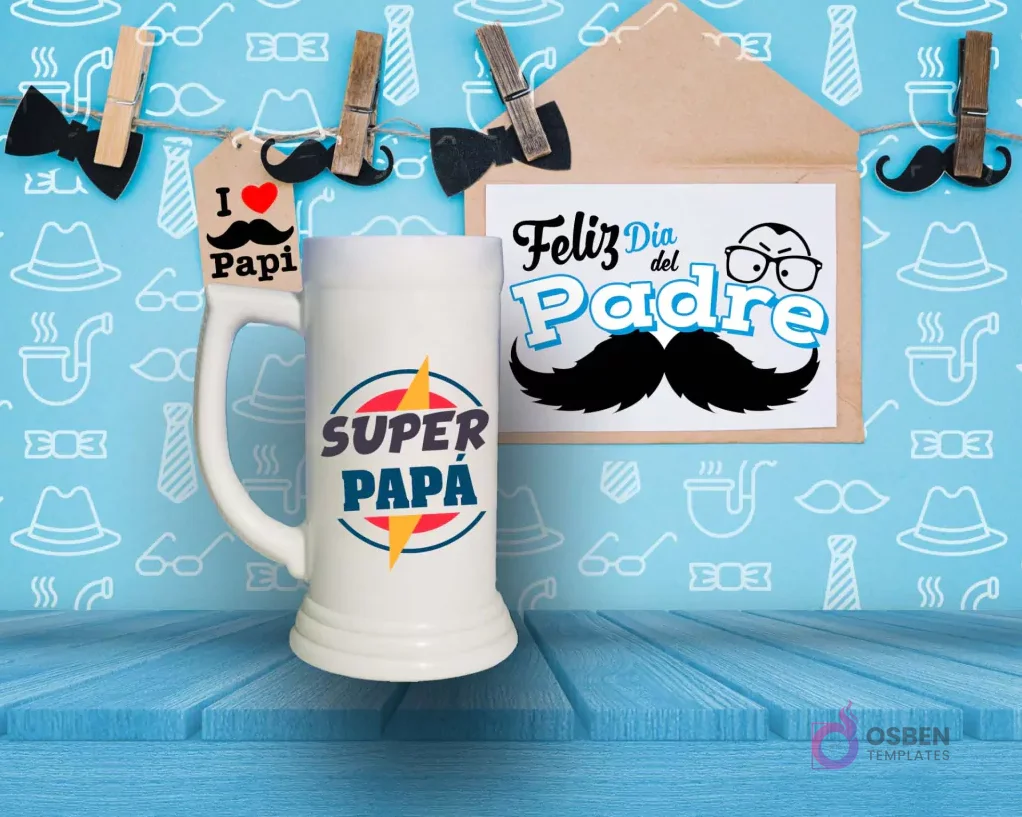 Shoperos blanco con diseño de sublimación 'SUPER PAPÁ' en azul y rojo con un rayo amarillo, sobre fondo azul con accesorios masculinos. Shoperos blanco con diseño de sublimación 'SUPER PAPÁ' en azul y rojo con un rayo amarillo, sobre fondo azul con accesorios masculinos.
