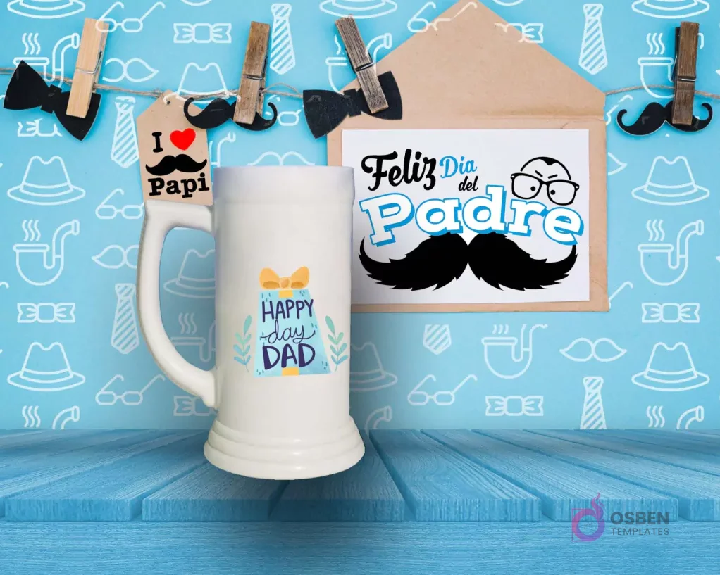 Shoperos blanco con diseño de sublimación 'HAPPY DAY DAD' en tonos verdes y azules con un dibujo de caja de regalo, sobre fondo azul decorativo. Shoperos blanco con diseño de sublimación 'HAPPY DAY DAD' en tonos verdes y azules con un dibujo de caja de regalo, sobre fondo azul decorativo.