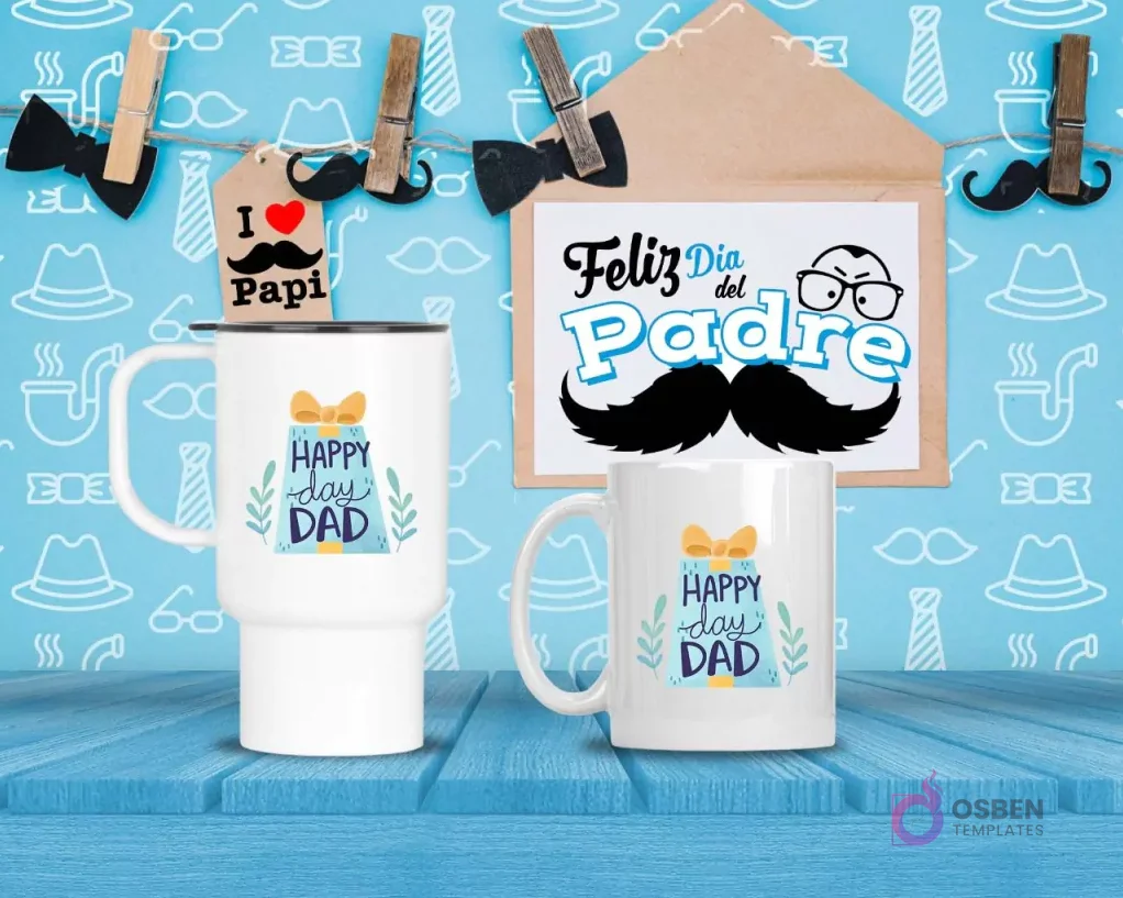Taza de viaje y taza estándar blancas con diseño 'HAPPY DAY DAD' con caja de regalo, sobre fondo azul con temática del Día del Padre. Taza de viaje y taza estándar blancas con diseño 'HAPPY DAY DAD' con caja de regalo, sobre fondo azul con temática del Día del Padre.