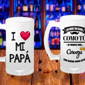 Plantilla para sublimar shopero del Día del Padre con texto 'I ❤️ MI PAPÁ' y otro con 'UN PADRE TAN GENIAL COMO TÚ SE MERECE UNA CERVEZA' con bigote.