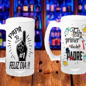 Plantillas PNG para sublimar shoperos del Día del Padre: 'PAPÁ Tú eres el #1 FELIZ DIA !!' con mano y 'Feliz primer día del PADRE' con iconos de bebé.
