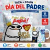 Pack de plantillas para sublimar tazas y cojines Flork del Día del Padre con diseños de fútbol chileno, mostrando un cojín con Flork coronado y una taza con Flork y logo de Colo-Colo, junto a banners de '11 Diseños Tazas' y '4 Diseños Cojín' y especificaciones de formato JPG y PSD.