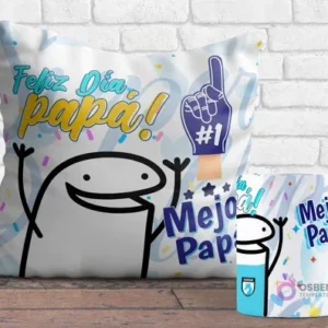 Cojín y taza sublimados con diseños Flork del Día del Padre. El cojín muestra un Flork sonriente con un guante de espuma '#1' y 'Feliz Día Papá! Mejor Papá', y la taza tiene un Flork saludando con el logo de Deportes Temuco.
