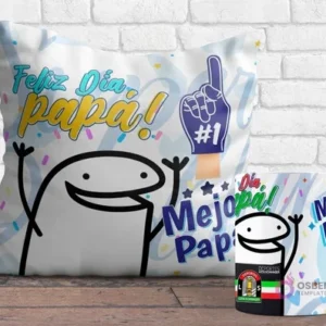 Cojín y taza sublimados con diseños Flork del Día del Padre. El cojín muestra un Flork sonriente con un guante de espuma '#1' y 'Feliz Día Papá! Mejor Papá', y la taza tiene un Flork saludando con el logo de Deportes La Serena.
