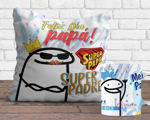 Cojín y taza sublimados con diseños Flork del Día del Padre. El cojín muestra un Flork con corona y gafas y el texto 'Feliz Día Papá! Súper Papá', mientras la taza tiene un Flork levantando la mano con el logo de Unión Española. Cojín y taza sublimados con diseños Flork del Día del Padre. El cojín muestra un Flork con corona y gafas y el texto 'Feliz Día Papá! Súper Papá', mientras la taza tiene un Flork levantando la mano con el logo de Unión Española.