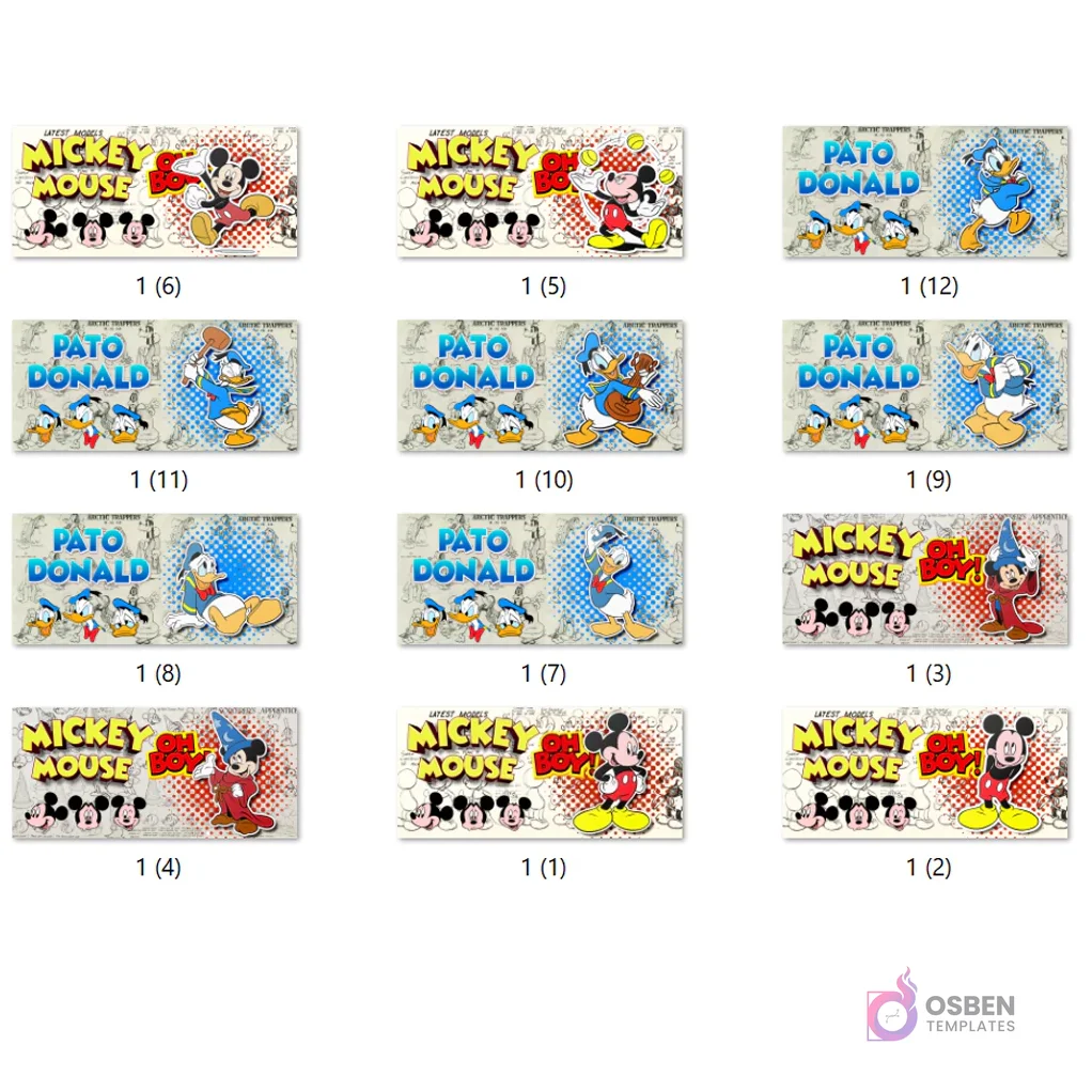 Grilla de 12 diseños rectangulares para sublimar tazas, mostrando diversas ilustraciones detalladas de Mickey Mouse y Pato Donald en diferentes poses y expresiones, organizados en filas. Grilla de 12 diseños rectangulares para sublimar tazas, mostrando diversas ilustraciones detalladas de Mickey Mouse y Pato Donald en diferentes poses y expresiones, organizados en filas.