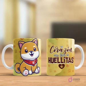 Taza sublimada con ilustración de Shiba Inu de caricatura y frase 'Mi corazón está lleno de HUELITAS'