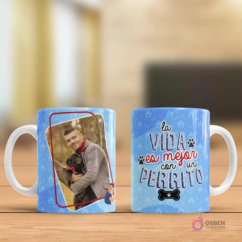Mug sublimado con foto de hombre sosteniendo perro negro y frase 'La VIDA es mejor con un PERRITO' Mug sublimado con foto de hombre sosteniendo perro negro y frase 'La VIDA es mejor con un PERRITO'
