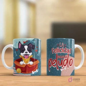 Taza sublimada con ilustración de Boston Terrier en caja y frase 'La Felicidad INCLUYE un peludo'
