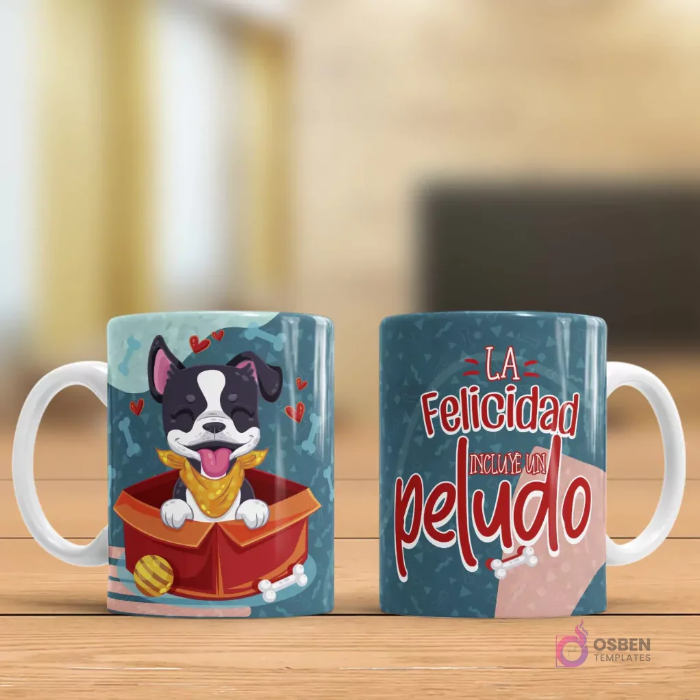 Taza sublimada con ilustración de Boston Terrier en caja y frase 'La Felicidad INCLUYE un peludo' Taza sublimada con ilustración de Boston Terrier en caja y frase 'La Felicidad INCLUYE un peludo'