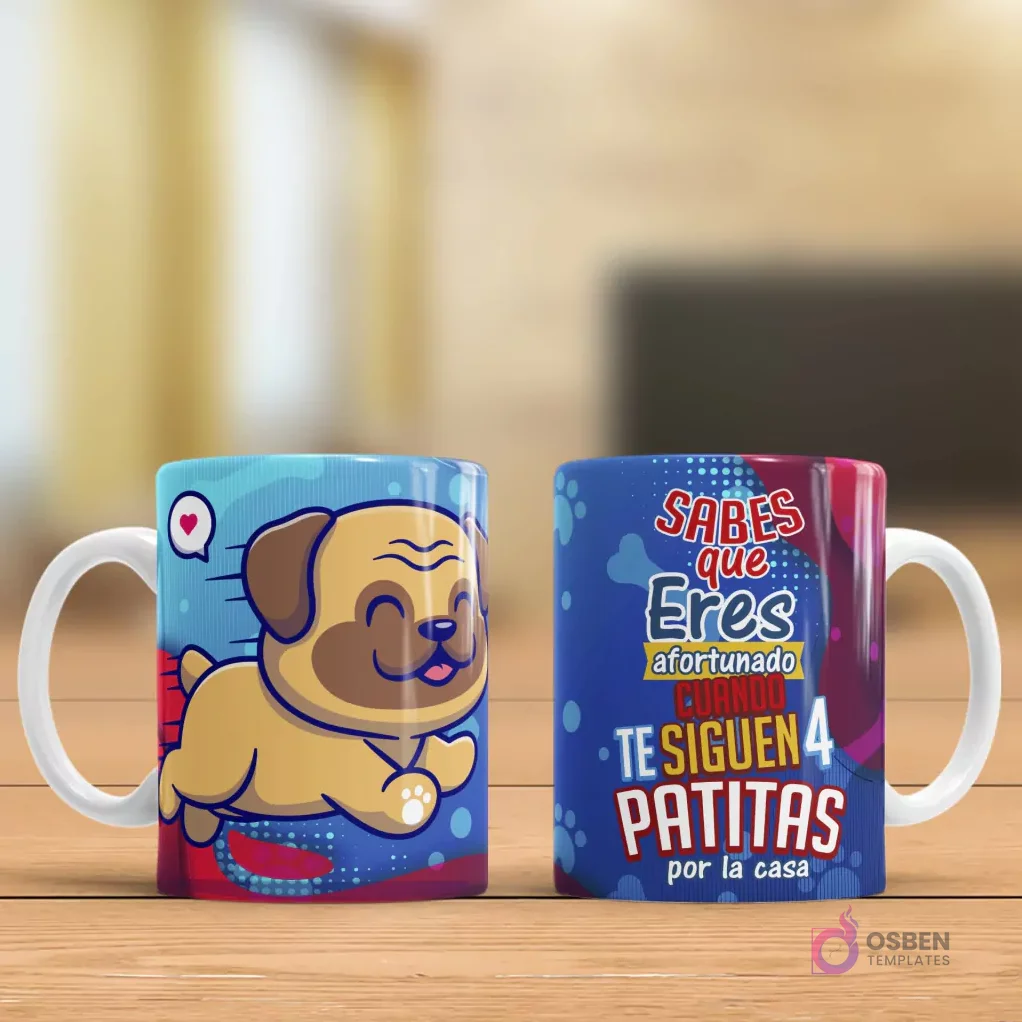 Taza sublimada con dibujo de pug corriendo y frase 'Sabes que Eres afortunado CUANDO te siguen 4 PATITAS por la casa' Taza sublimada con dibujo de pug corriendo y frase 'Sabes que Eres afortunado CUANDO te siguen 4 PATITAS por la casa'