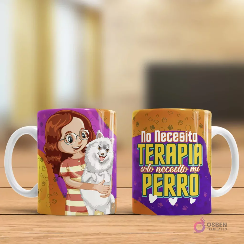 Taza sublimada con ilustración de niña abrazando perro blanco esponjoso y frase 'No Necesito TERAPIA solo necesito mi PERRO' Taza sublimada con ilustración de niña abrazando perro blanco esponjoso y frase 'No Necesito TERAPIA solo necesito mi PERRO'