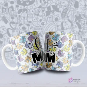 Par de tazas blancas sublimadas con un patrón de gatos animados en tonos morado, amarillo, azul y verde, y la frase 'CAT MOM'.