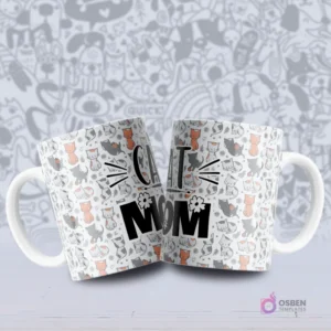 Dos tazas blancas con un diseño de gatos caricatura en escalas de grises y toques naranjas, junto al texto 'CAT MOM'.
