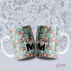 Par de tazas blancas con un patrón de gatos color verde azulado y flores sobre un fondo oscuro, con la frase 'CAT MOM'.