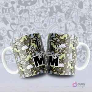 Tazas blancas sublimadas con un diseño de gatos estilizados en tonos verde claro y azul sobre un fondo oscuro, y el texto 'CAT MOM'.