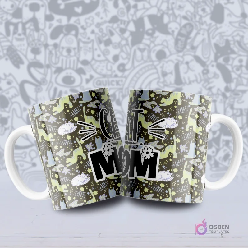 Tazas blancas sublimadas con un diseño de gatos estilizados en tonos verde claro y azul sobre un fondo oscuro, y el texto 'CAT MOM'. Tazas blancas sublimadas con un diseño de gatos estilizados en tonos verde claro y azul sobre un fondo oscuro, y el texto 'CAT MOM'.