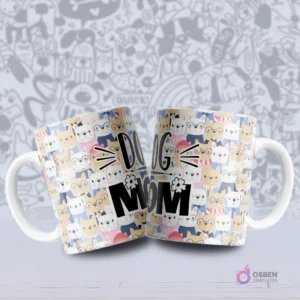 Par de tazas blancas con un patrón de diversas razas de perros caricatura, incluyendo bulldogs franceses y pugs, con el texto 'DOG MOM'.