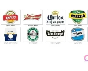 Mosaico de 13 diseños de etiquetas para shoperos de Día del Padre, con nombres como Marco, Ignacio, Carlos, Felipe y marcas como Corona, Heineken, Stella Artois, Kunstmann.