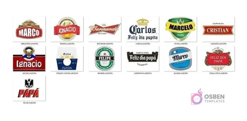 Mosaico de 13 diseños de etiquetas para shoperos de Día del Padre, con nombres como Marco, Ignacio, Carlos, Felipe y marcas como Corona, Heineken, Stella Artois, Kunstmann. Mosaico de 13 diseños de etiquetas para shoperos de Día del Padre, con nombres como Marco, Ignacio, Carlos, Felipe y marcas como Corona, Heineken, Stella Artois, Kunstmann.