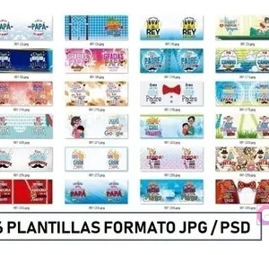 Cuadrícula que exhibe 36 miniaturas de diseños variados para tazas de sublimación, cada una con mensajes y gráficos creativos relacionados con el Día del Padre, incluyendo frases como 'Gracias Papá', 'Mi Rey', 'El Mejor', 'Vintage', y caricaturas. Al pie de la imagen se lee '36 PLANTILLAS FORMATO JPG / PSD'.
